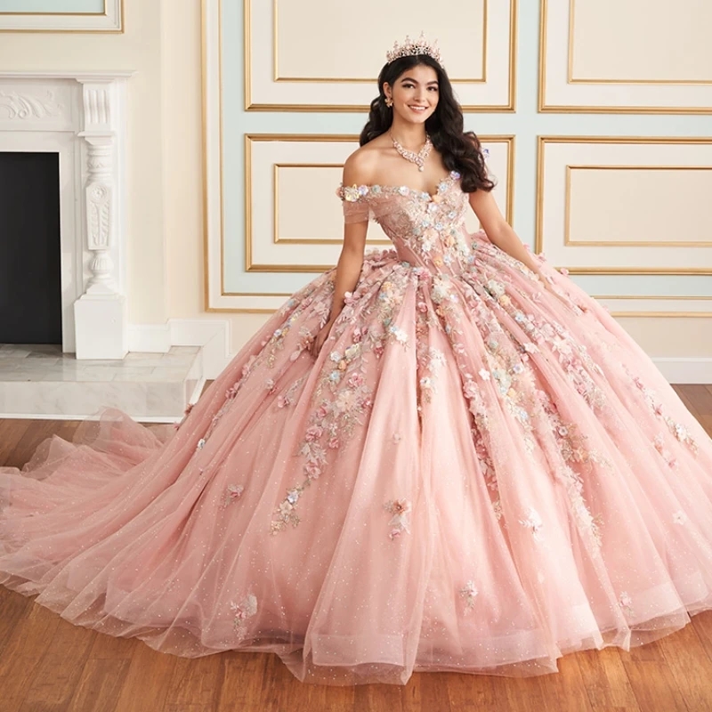 Princess Pink Quinceanera Dresses Off The Shoulder Ball Gown Sweet Dress Appliques Lace Tull Birthday Party Vestidos De D