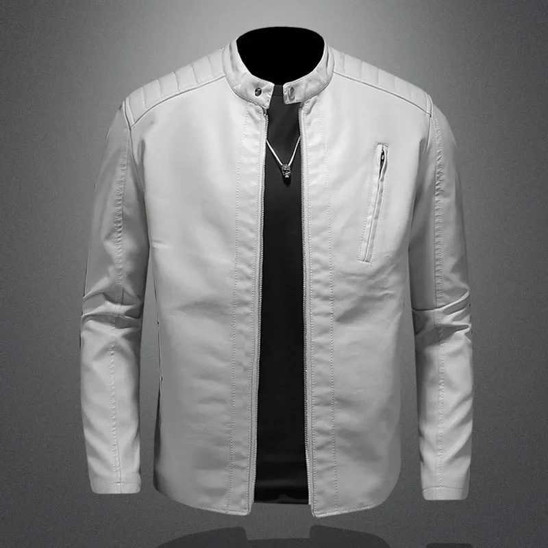 Winter Men White Large Size Stand Collar PU Leather Coat Boys Slim Fit Casual Motorcycle Wear Faux Leather Jacket Outerwear 5xlX240913