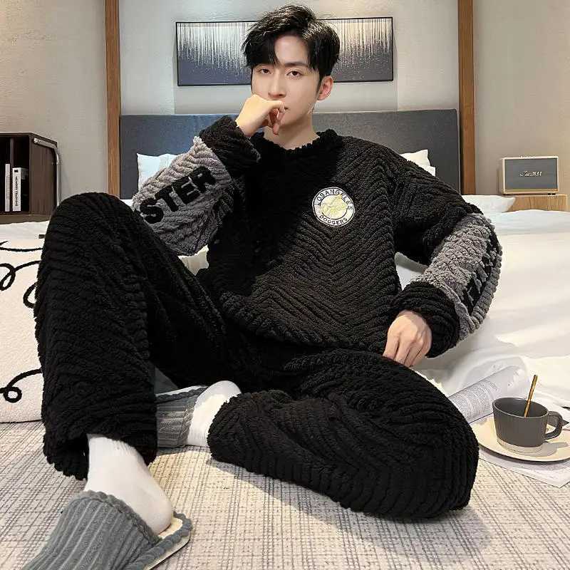 2024 Winter Men Fleece Casual Long Sleeve Pajamas Set Coral Velvet Cute Cartoon Sleepwear Plush Thicken Warm Homewear 3XL Y240913