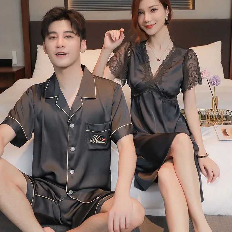 Couples Satin Silk Nightwear Plus Size Mens Short Sleep Sleeves Sleep Tops Shorts Pajamas Set Women Nightdress Home Clothes Y240913