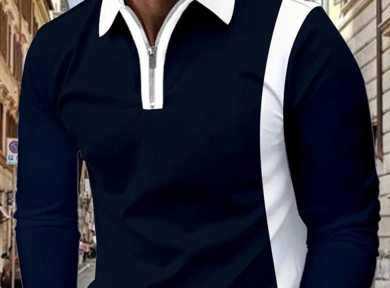 Mens long sleeved color matched with mens lapel long sleeved fashionable zipper W24091318