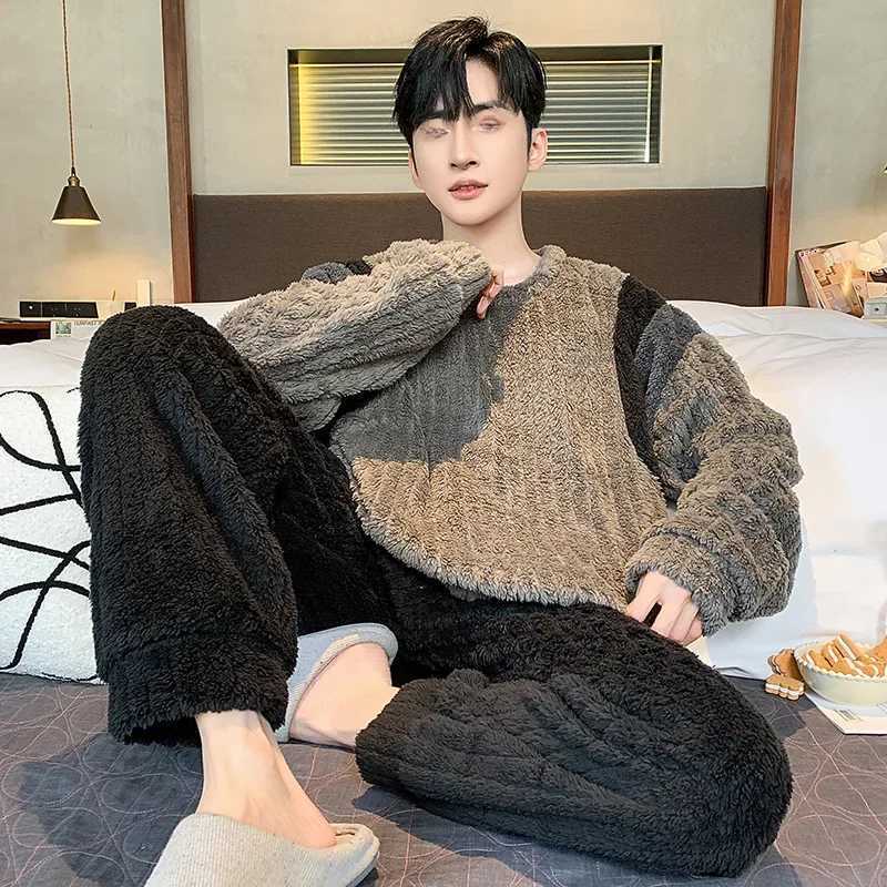 Winter Coral Fleece Pajama Set For Men Simple Casual Round Neck Long Sleeve Outer Wear Homewear Y240913
