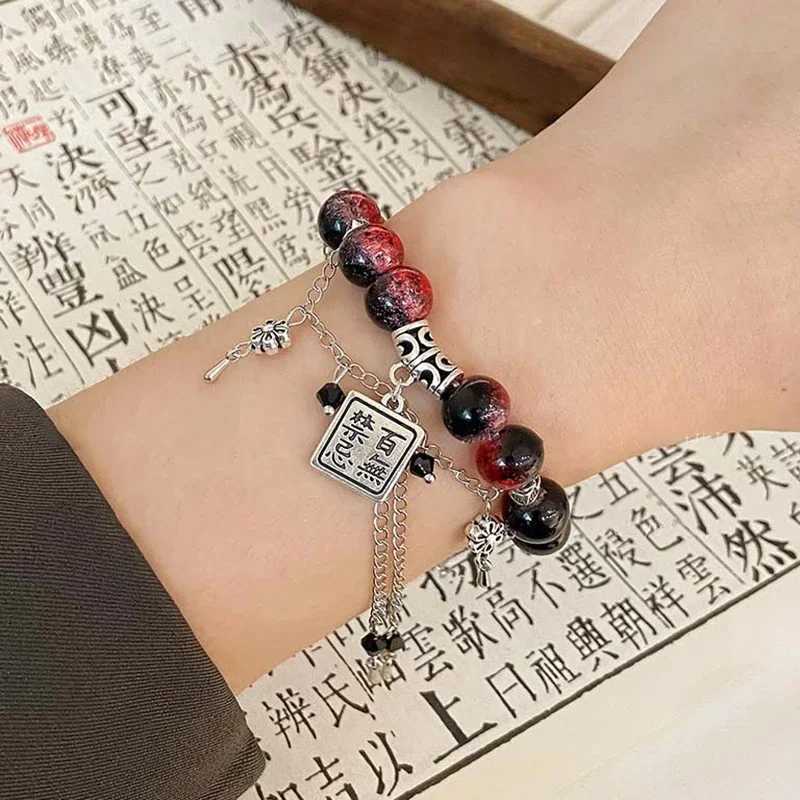 Chinese style red bead bracelet female blessing butterfly Tassel chain pendant bracelet Gothic jewelry accessory gift W240913