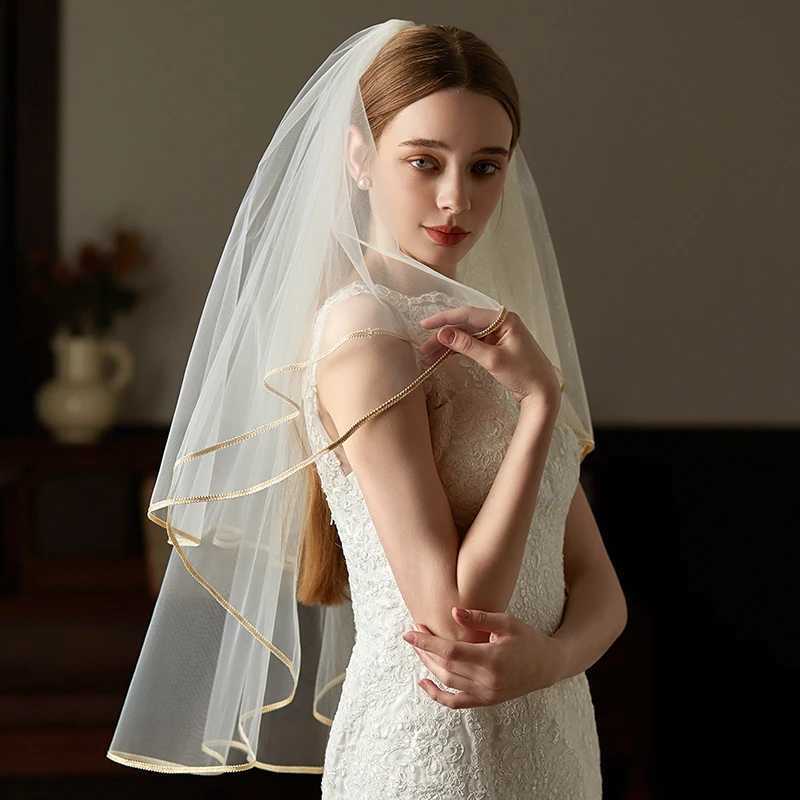 V773 Handmade Wedding Bridal Veil White Two-Layer Plain Tulle Gold Satin Edge Brides to Be Veil with Alloy Hair CombX240913