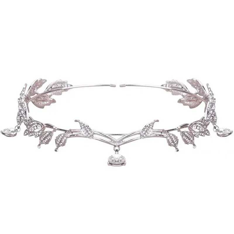 Crown Leaves Waterdrop Tiara Wedding Hair Accessories Ladies Artificial Rhinestone Party Princess Elf Tiara AccessoriesX240913