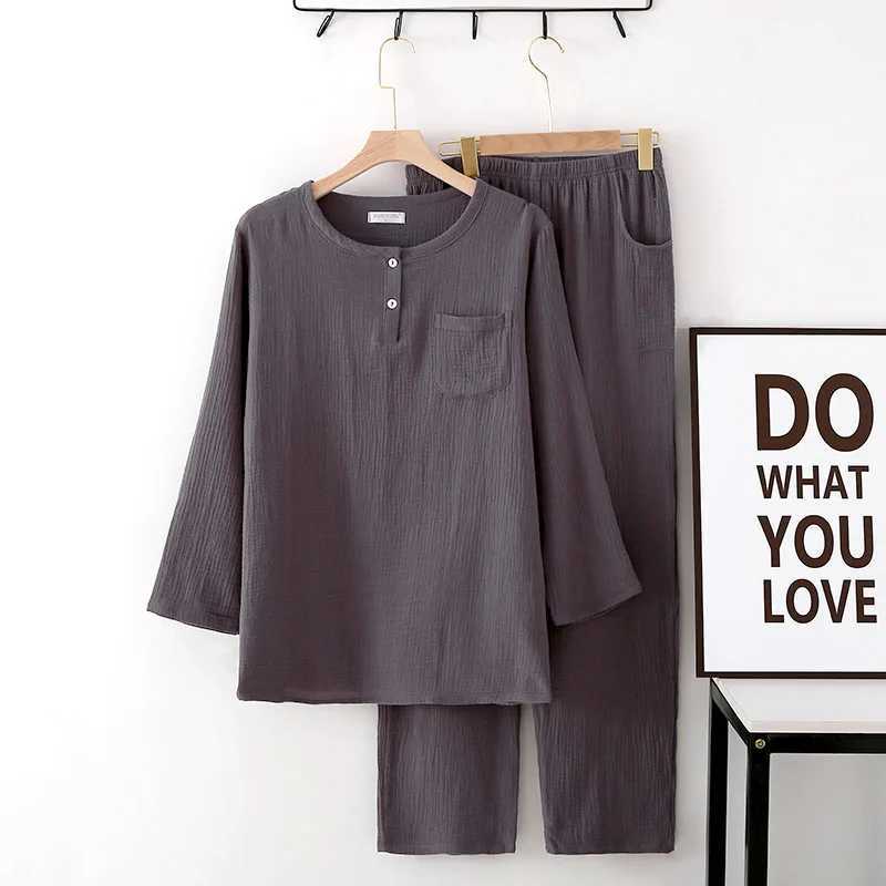 Cotton Crepe Round-neck Pajamas Suit Men Autumn Thin Gauze Plus Size Long-sleeved Trousers Korean Leisure Home Service Y240913