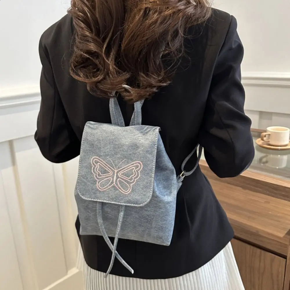 Large capacity Korean style backpack with butterfly pattern square Pu leather backpack handbag solid color Y2k school backpack outdoor 240912