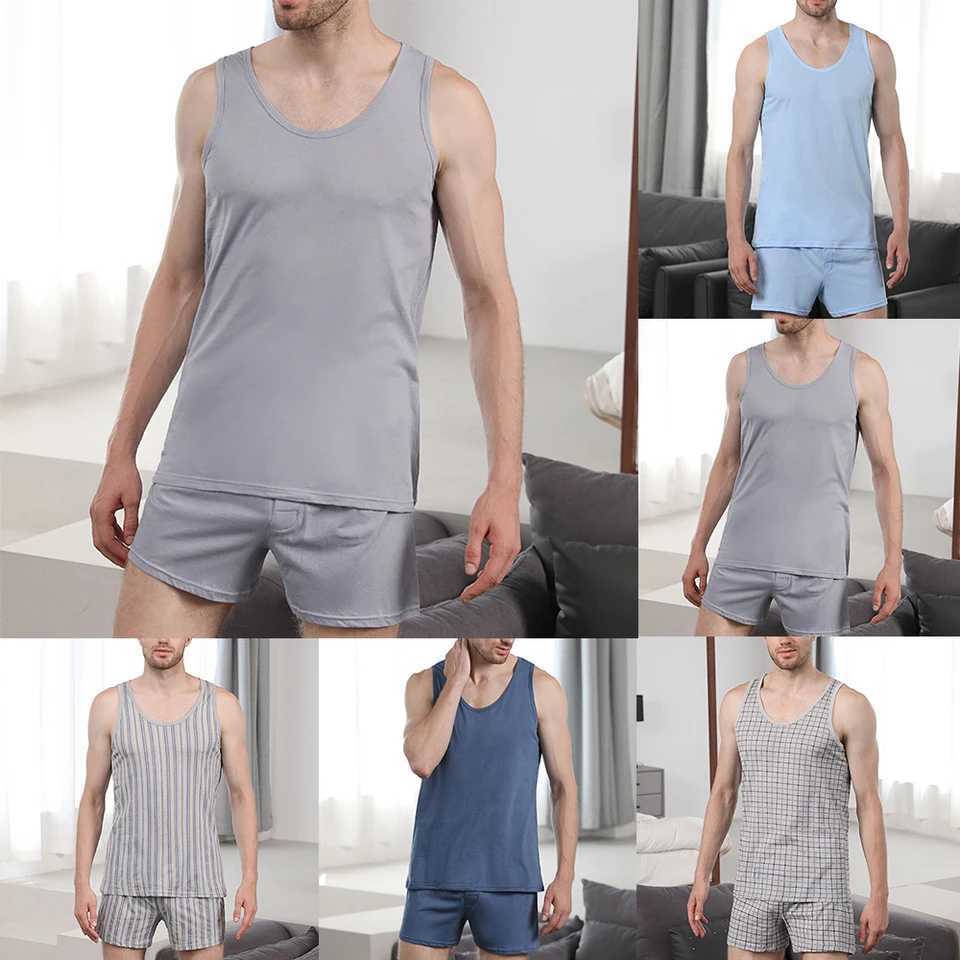 Mens Pajamas Set Summer Thin Cotton Male Sleeveless Vest Shorts Sleepwear Loungewear Nightwear Homesuit Casual Homewear Y240913