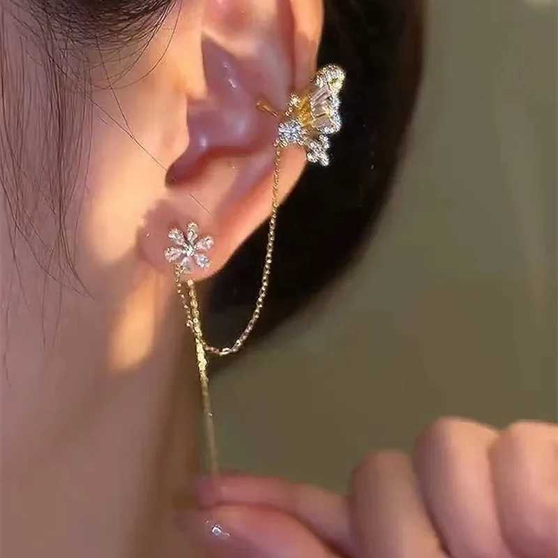 New Fashion Cute Crystal Butterfly Ear Cuff Clip Earrings for Women Charm Tassel Chain Flower Stud Earring Bride Luxury JewelryX240913