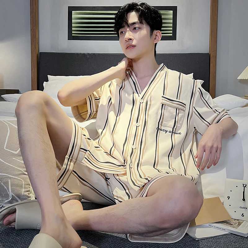 Japan Kimono Mens Sleepwear Summer Cotton Short Sleeves Pajamas Set Casual Loungewear for Man Cardigan Leisure Pijamas Dropship Y240913
