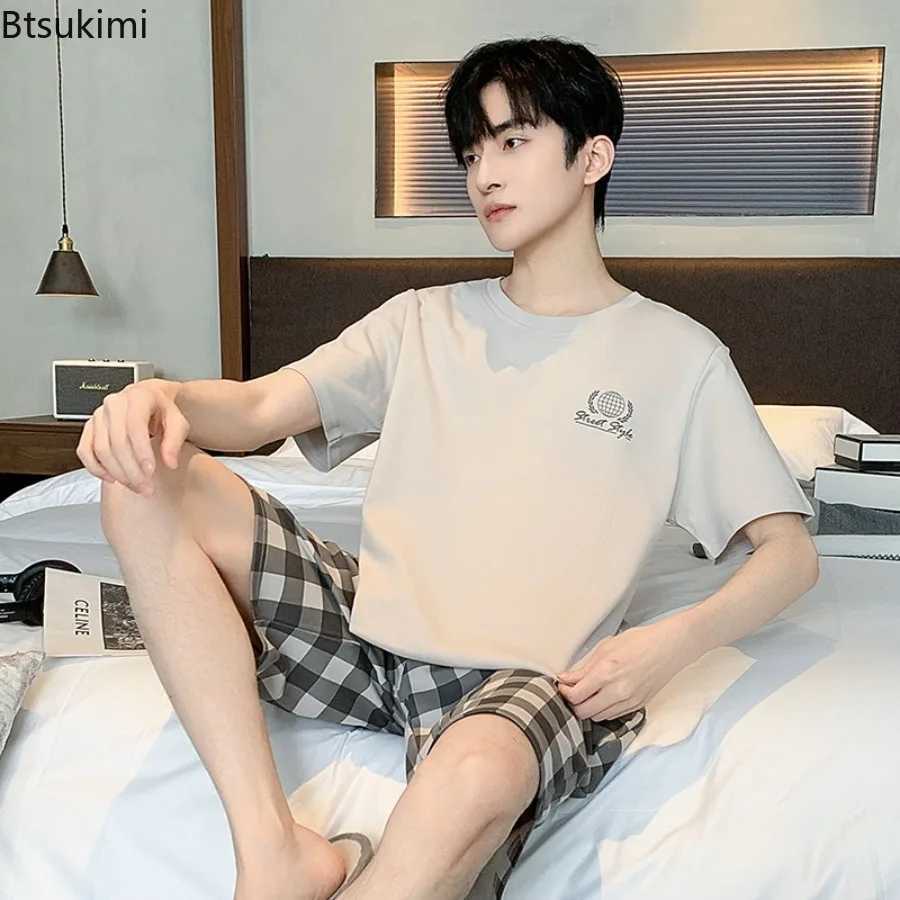 Summer New Cotton Casual Pajamas Two Piece Sets Mens Fashion Patchwork Loose Breathable Home Wear Simple Lounge Nightwear Suits Y240913