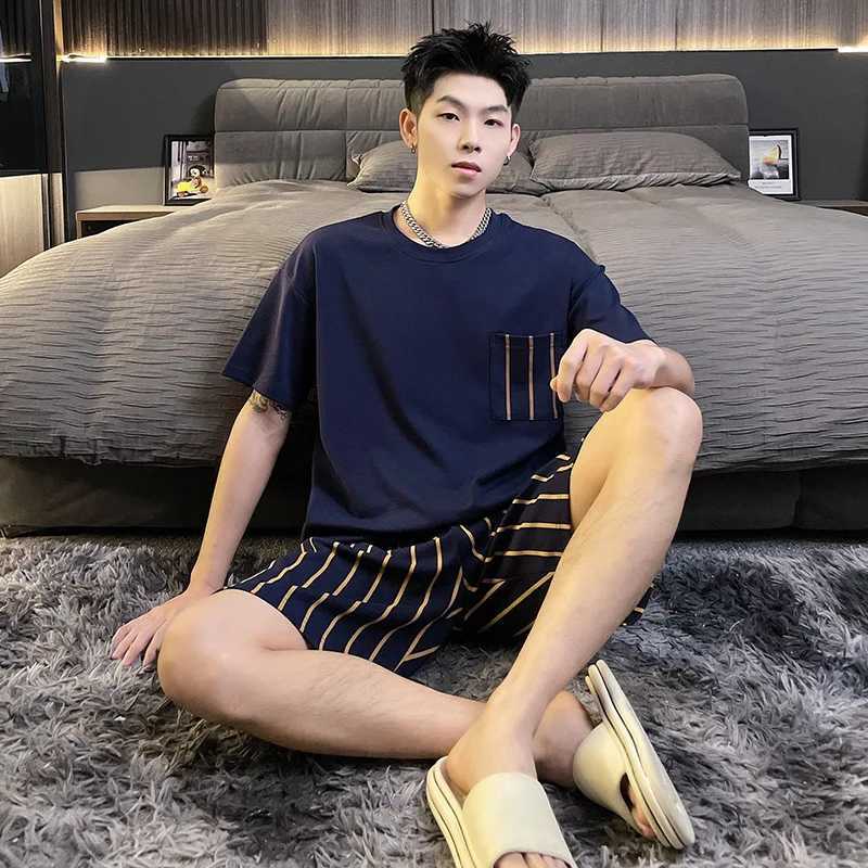 Mens Two-Piece Pajamas Homewear Summer Mens Pajamas Cotton Short-Sleeved Shorts Large Size Teenage Boys Casual Homewear Set Y240913