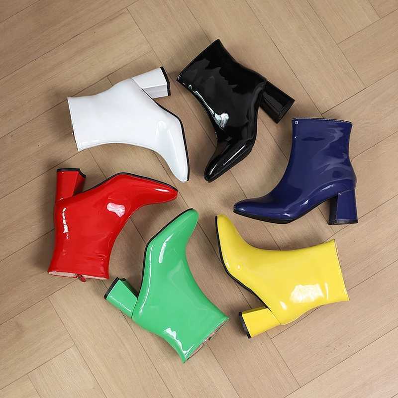 Shiny Smooth Patent Leather Ankle Boots Women High Block Heels Red Blue Green Yellow Dress Office Lady Winter Plush Short Boots M240912