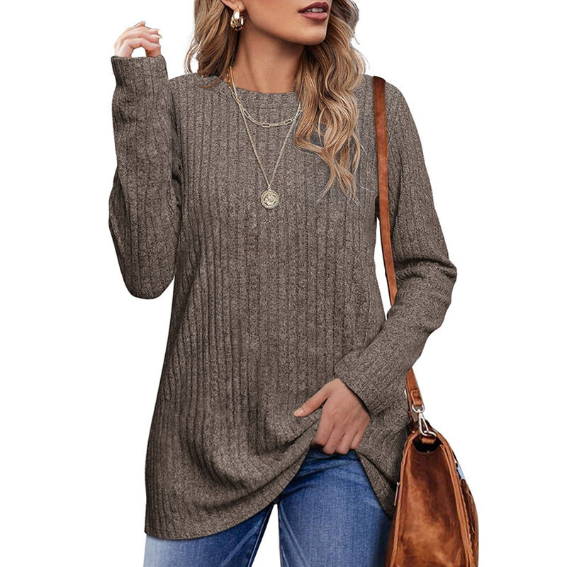 2024 new autumn and winter round neck brushed pit stripe solid color top long sleeved T-shirt for women