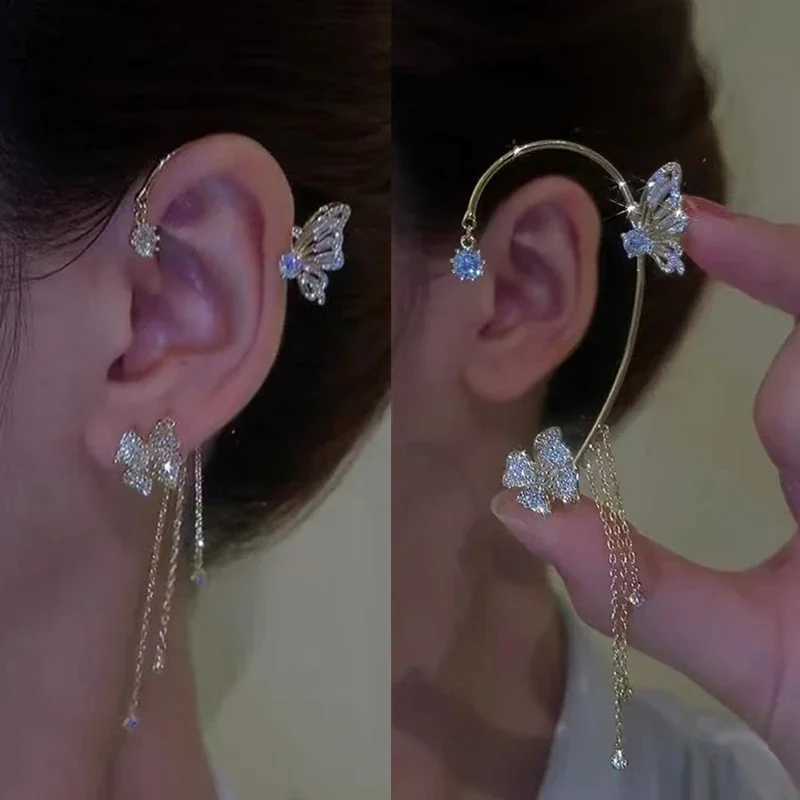 Korean Sparkling Zircon Flower Butterfly Ear Cuff Without Piercing Tassel Clip Earrings for Women Simple Ear Clip Fine JewelryX240913