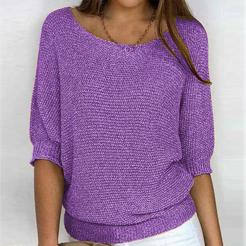 2024 New Solid Color Round Neck Knitwear Women's 3/4 Sleeve Top Air Conditioned Shirt