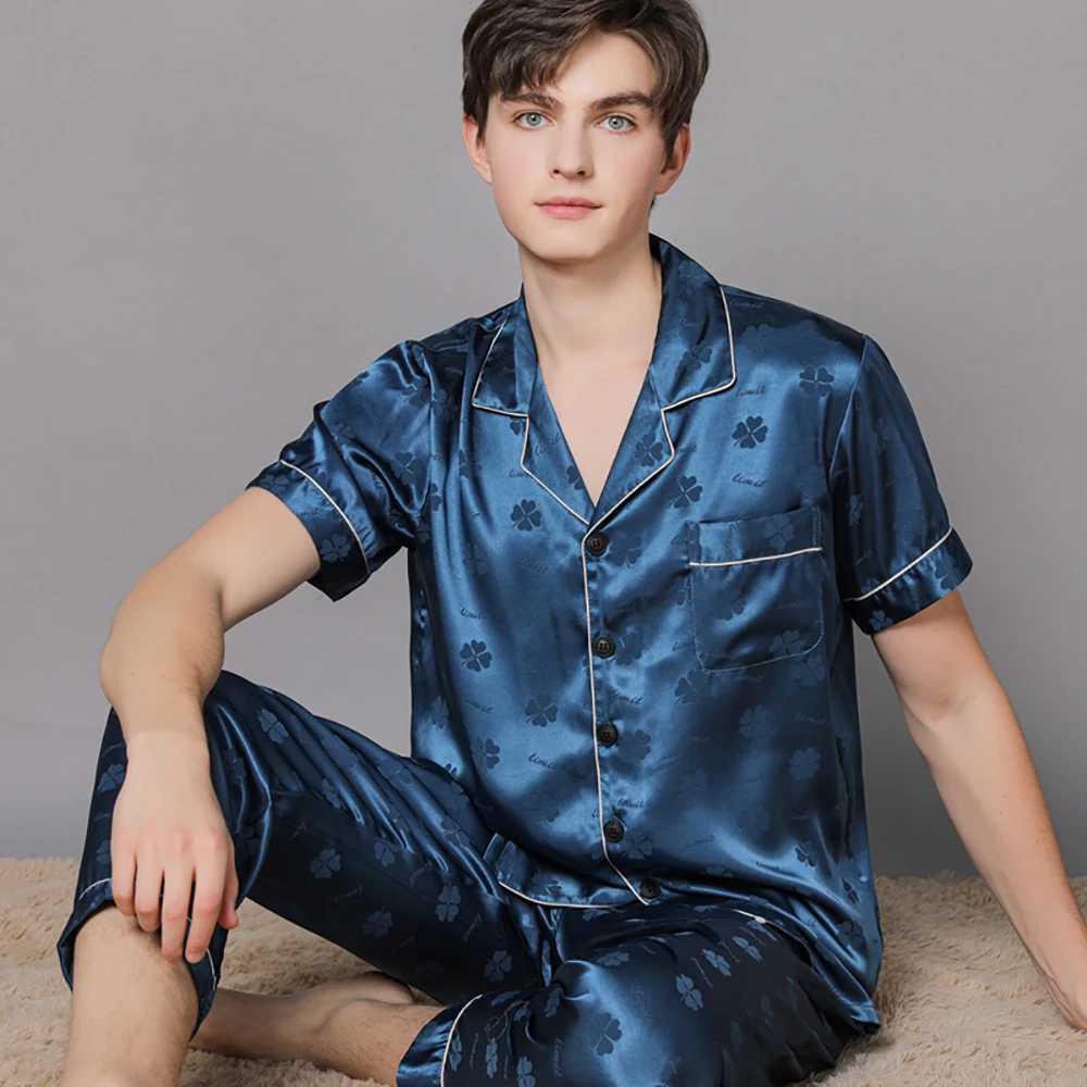 Summer Thin Men Pajama Sets Fashion Print Ice Silk Pajamas Plus Size Mens Sets Casual Sleepwear Pijama+Long Pants Pyjama Sets Y240913