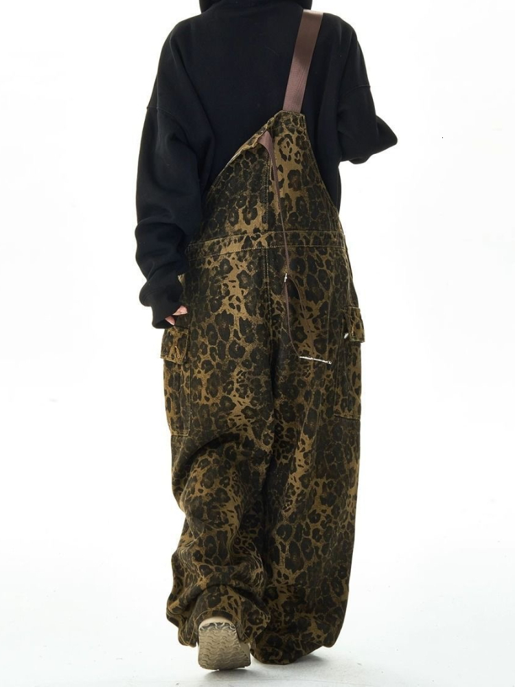 Leopard print suspender jeans ladies n high street hiphop fashion ins high-end sense of loose-fitting wide leg pants