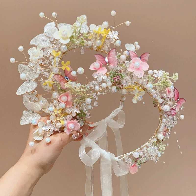 New Fashion Pink Butterfly Pearl Flower Headband fow Girls Child Wreath Hair Hoop Headbands Holiday Party Hair Accessories GiftX240913