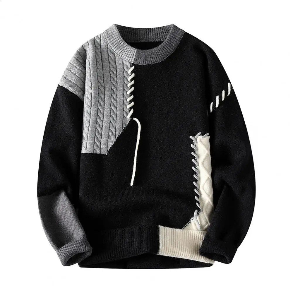Men Color-blocked Sweater Mens Color Block Knit Sweater with Round Neck Loose Fit Thick Warm Pullover for Casual or Work Wear 240905