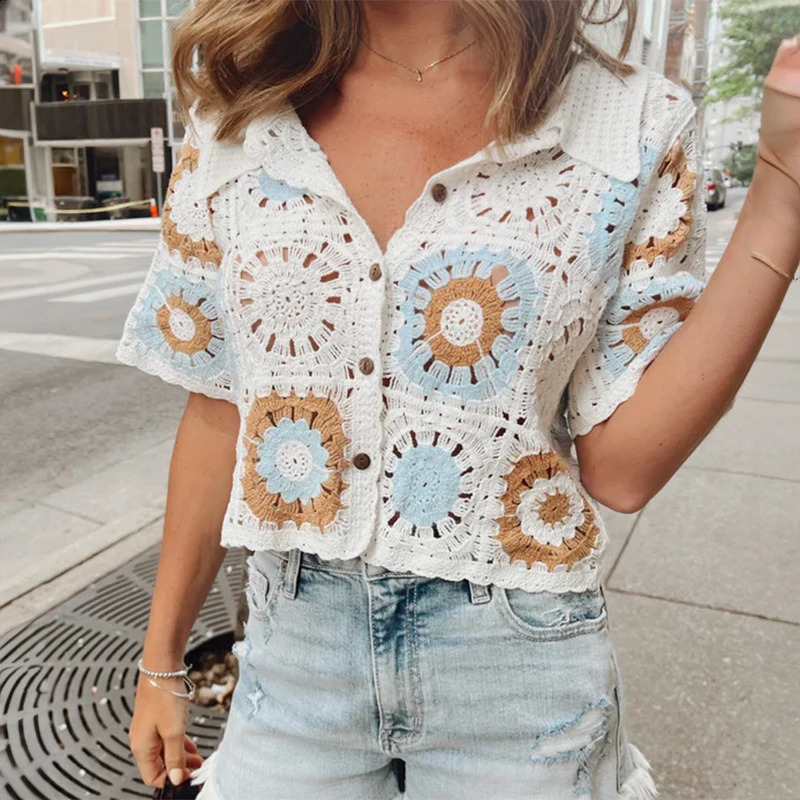 Granny Square Crochet Buttonup Top Short Sleeve Sheer Openknit Crop Cardigan for Women Teengirl Fairycore Vintage Outfit 240910