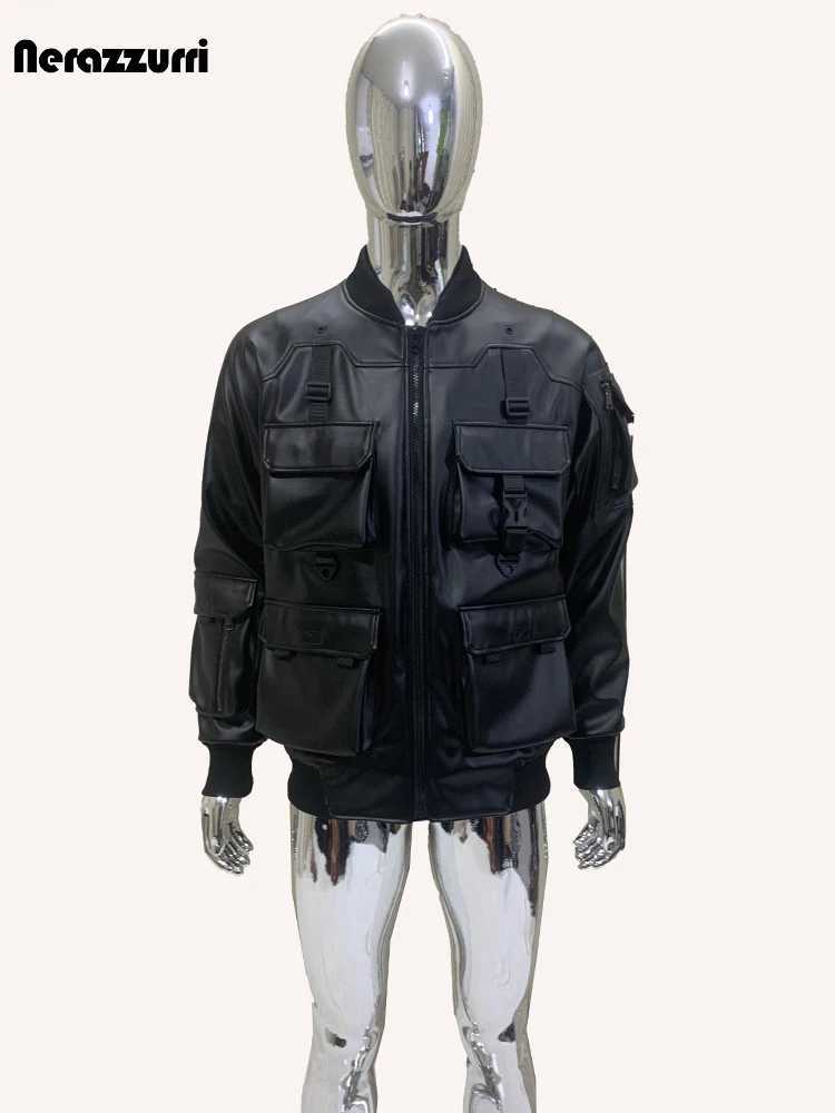 Nerazzurri Autumn Cool Handsome Waterproof Black Pu Leather Cargo Bommer Techwear Jacket Men with Many Pockets European ClothesX240913