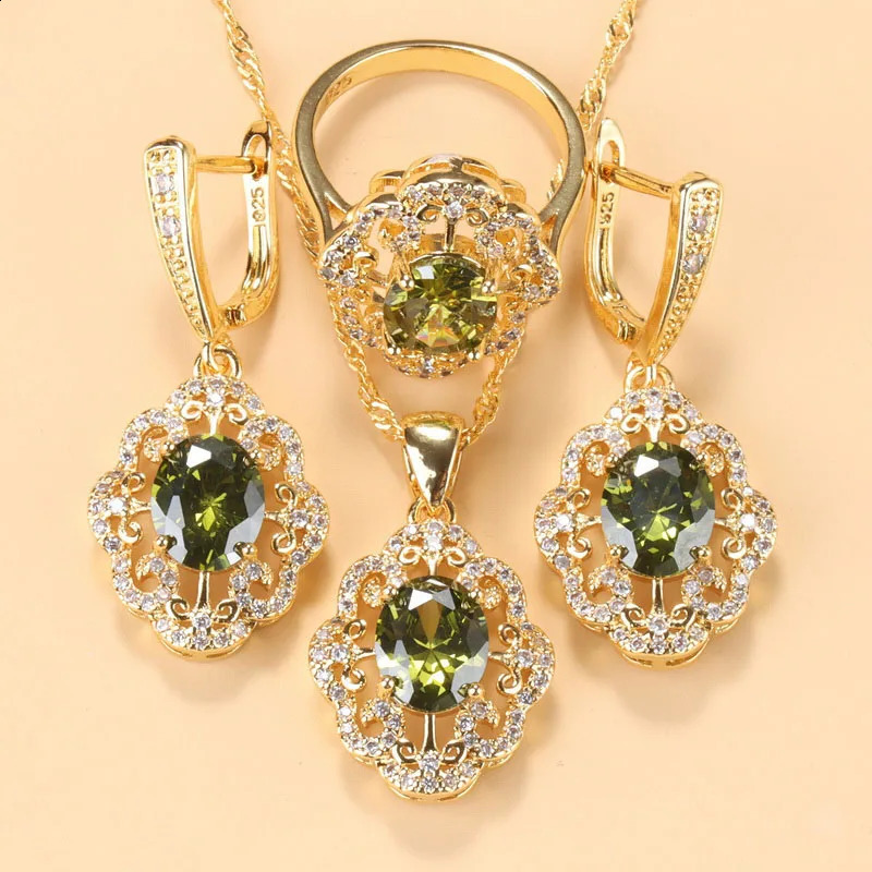 10 color cubic zirconia womens accessory 18K gold-plated olive green zirconia charm bracelet and ring jewelry set 240913