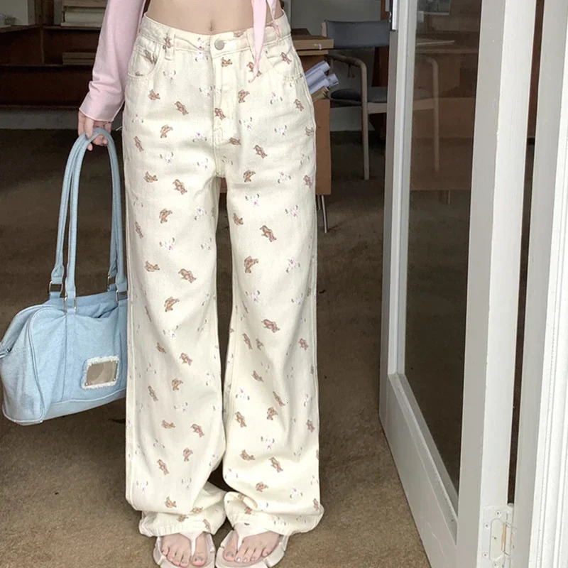 2024 Woman High Waist Korean Sweet Wide Leg Jeans Lady Y2k Casual Cutecore Pants Female Fashion Kawaii Pink White Denim Trousers