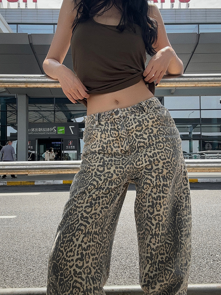 Gothic Women's Leopard Print Vintage Casual Streetwear High Waist Loose Trashy Pants Y2K Baggy Trouser Denim Jeans