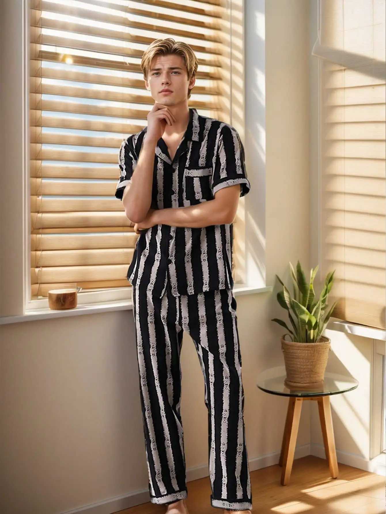 Mens Summer Cardigan Lapel Casual Short Sleeve Thin Suit Home Wear Y240913