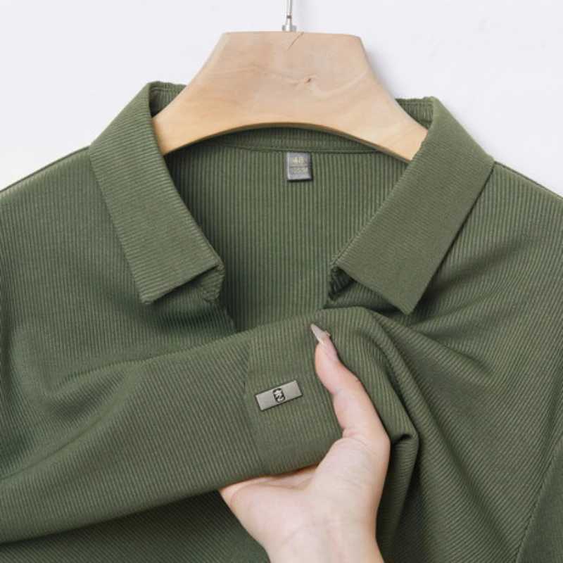 Mens Business Casual Solid Color Long-sleeve Polo Shirt for Autumn and Winter Stretchable. Daily Commute Long V-neck T-shirt.X240912