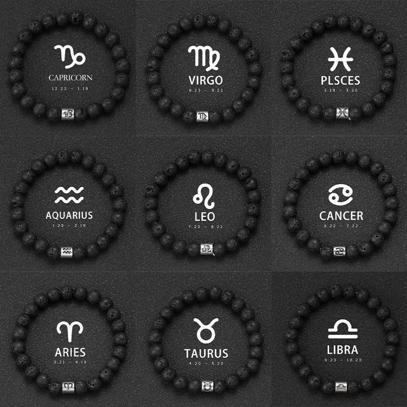 Natural volcanic stone bracelet with 12 zodiac signs Virgo Capricorn Taurus Aquarius Cancer Aries Pisces Gemini Libra W240913