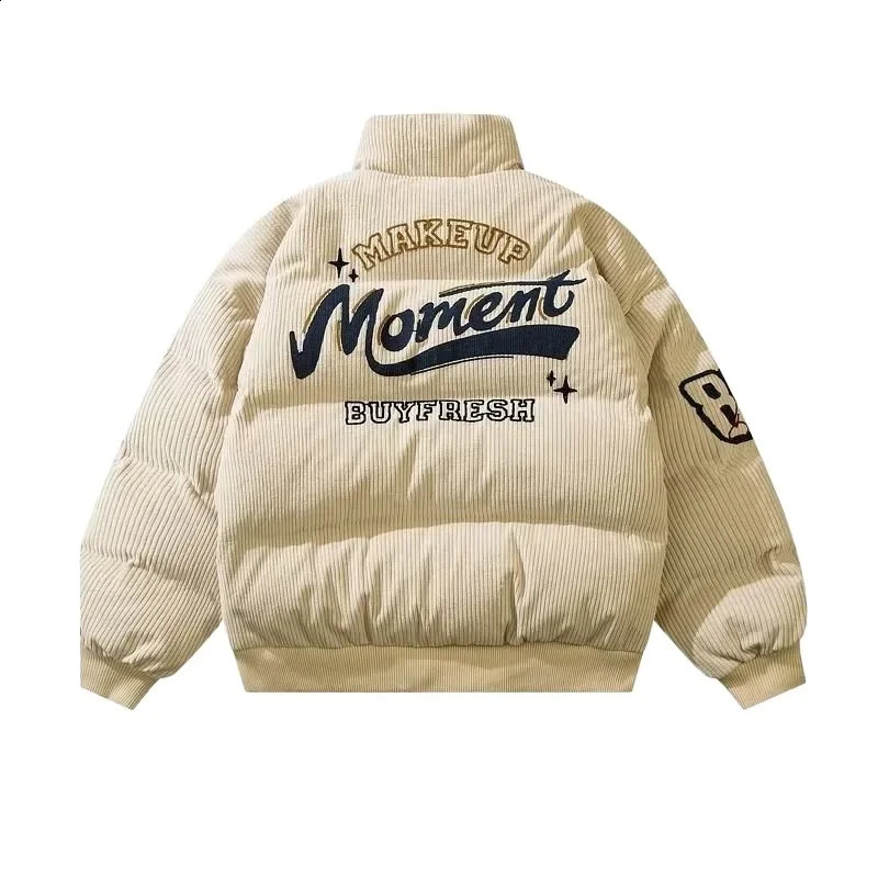 Vintage American Style Corduroy Winter Embroidery Stand Collar Cottonpadded Jacket Loose Fit Puffer Trendy Couple 240912