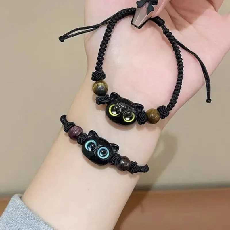 1/2 Cute Natural Stone Black Cat Bracelet Womens Fashion Cartoon Animal Bead Bracelet Handmade Fashion Jewelry Gift W240913