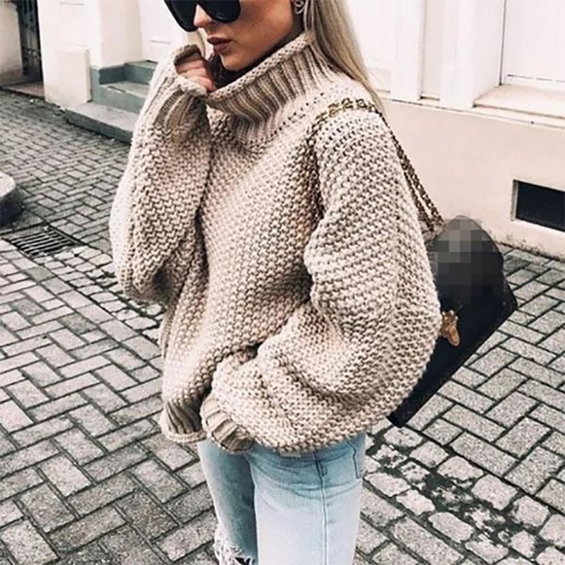 Autumn and winter pullover new thick thread women's rolled edge high neck batball sleeve knitted sweater