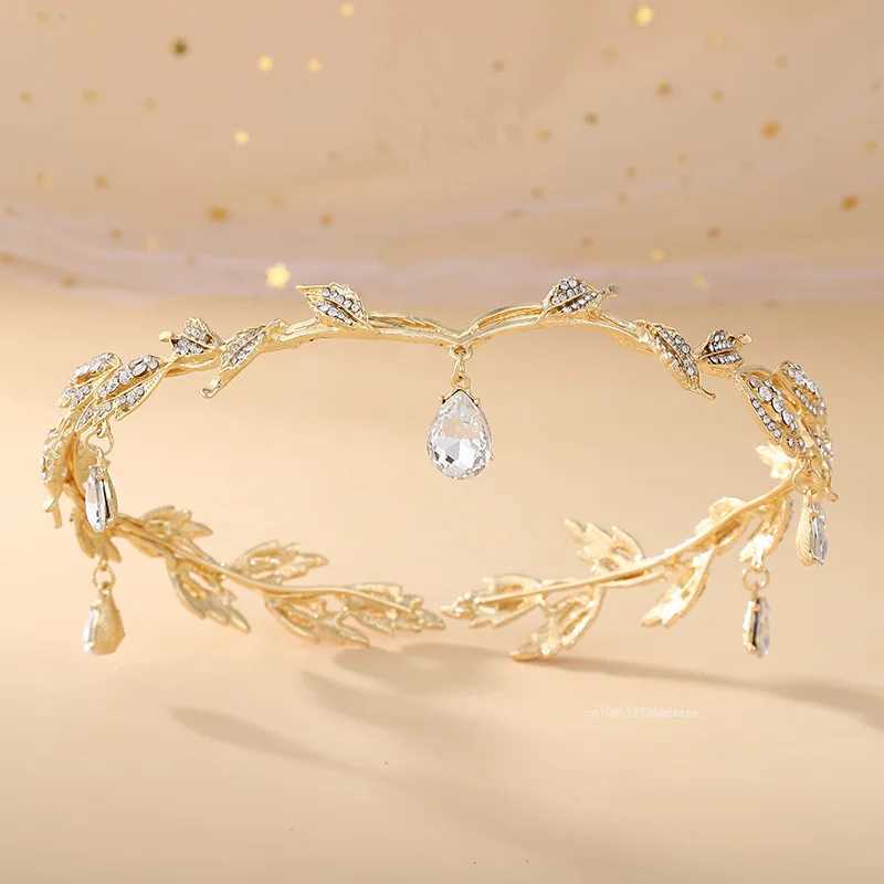 New Arrivals Vintage Crown Leaves Waterdrop Pendent for Women Wedding Hairband Rhinestone Party Princess Elf Hairdress JewelryX240913