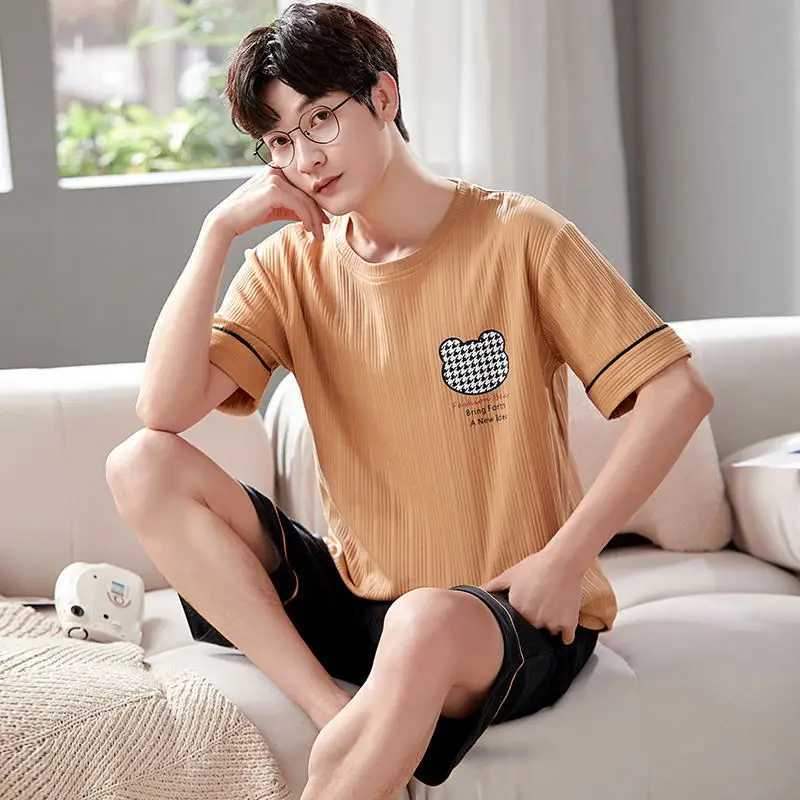 2023 Cotton Mens Pyjamas Set Summer Short Sleeve Sleeping Tops Shorts Sleepwear Young Boys Nightwear Korean Fashion Pjs Pijamas Y240913