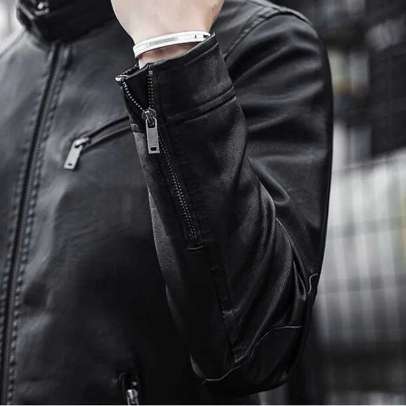 Autumn New Men Casual Fashion Stand Collar Slim PU Leather Jacket Solid Color Leather Jacket Men Anti-wind Motorcycle S-4XLX240913