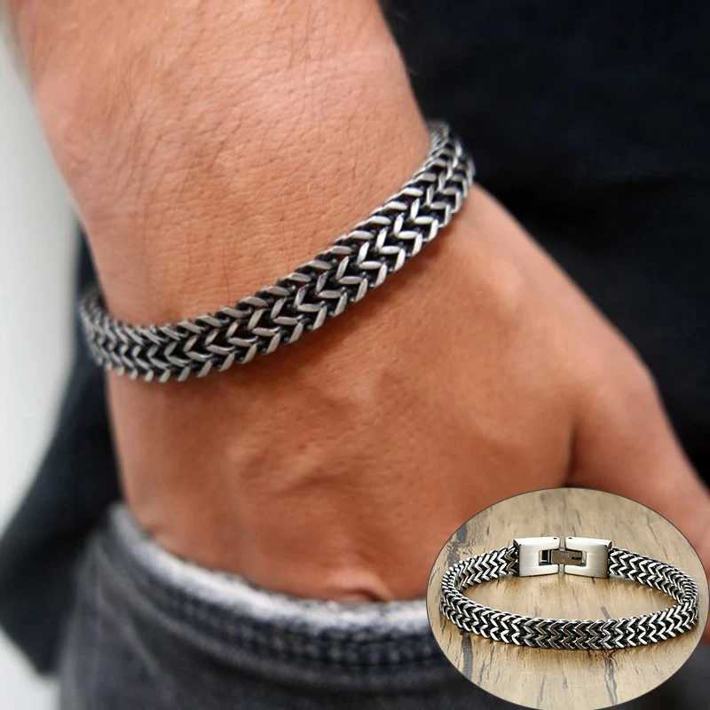 Vnox Vintage Oxidized Cool Double Curb Chain Bracelets for Men Stainless Steel Punk Antique Cubic Foxtail Chain Male PulseiraX240913