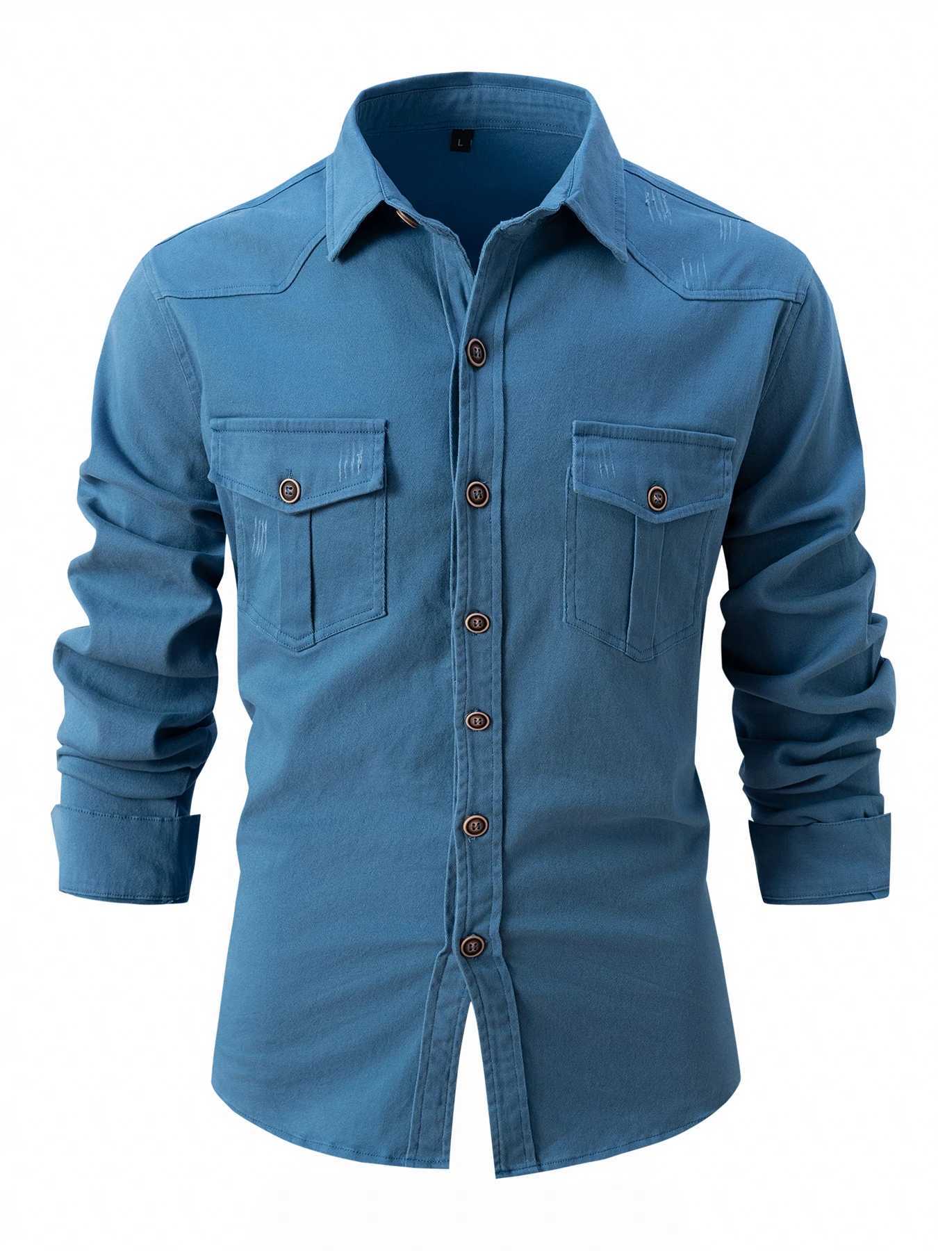 New autumn and winter mens shirt washed with elastic cotton casual and comfortable trend business collar long sleeved top W240913