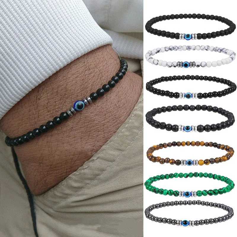 4mm natural stone bead bracelet for men fashionable lucky evil eye smooth round bead couple wristband bracelet jewelry gift W240913