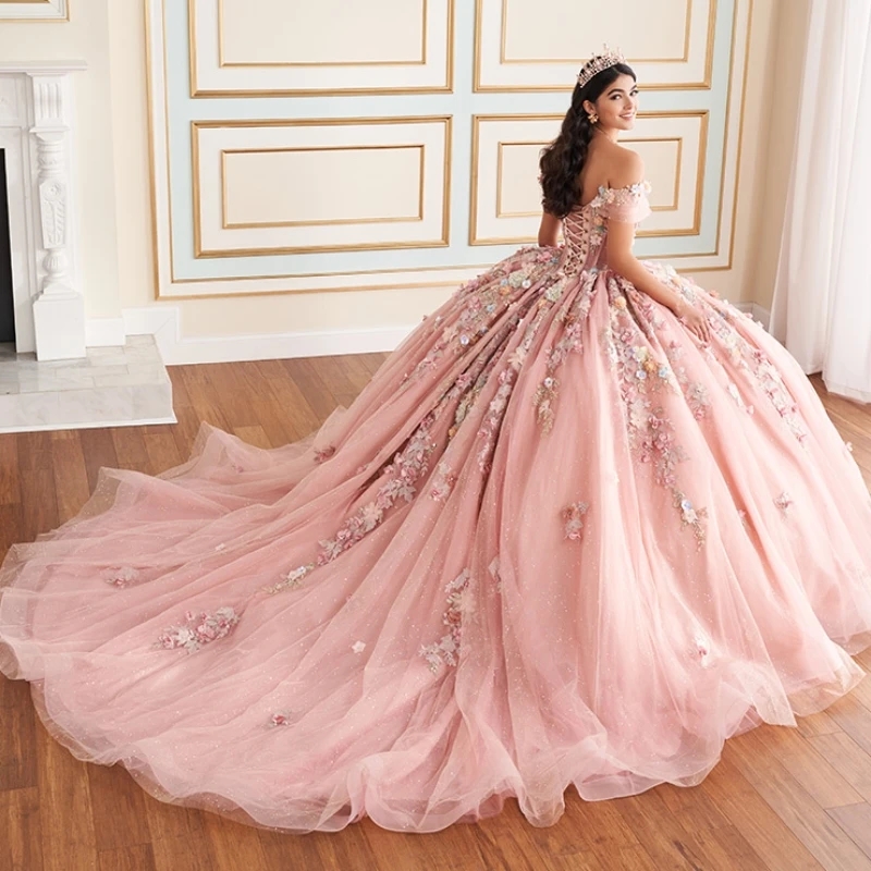 Princess Pink Quinceanera Dresses Off The Shoulder Ball Gown Sweet Dress Appliques Lace Tull Birthday Party Vestidos De D