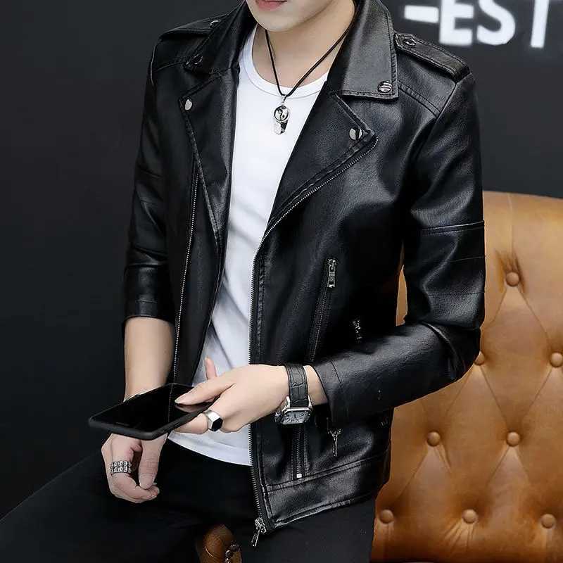 Bomber Leather Jacket Men Streetwear Lapel Motorcycle Jacket Zipper PU Leather Coat Vintage Black Pocket Jackets Men ClothingX240913