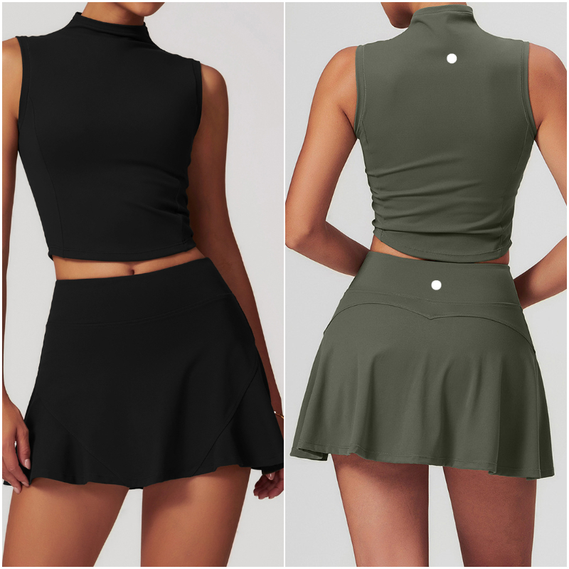 Women s Two-piece Yoga Set Skirt Vest Tennis Sports Running Tight Skirt Elastic High Waist Sports Slimming Sleeveless Top