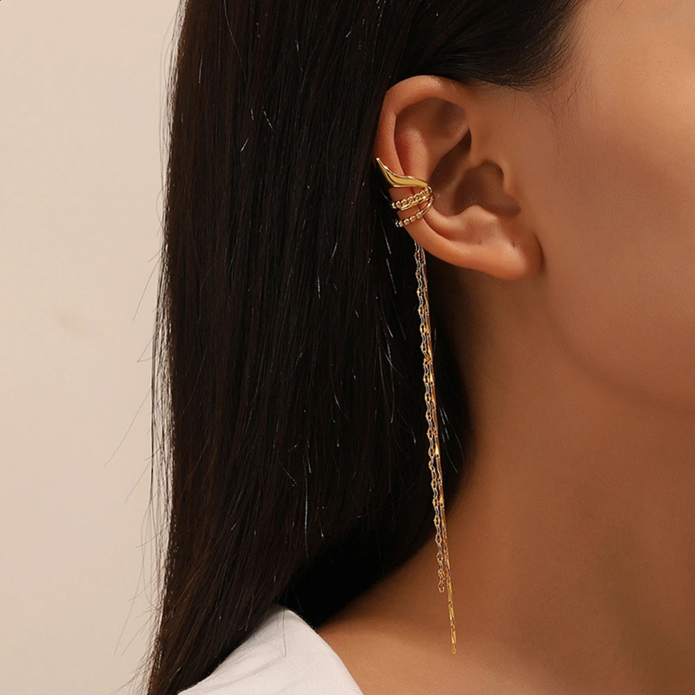 1 PC Long Tassel Gold Color Ear Cuffs Non Perforated Elf Clip Earrings Cartilage For Women Selling Jewelry 240906