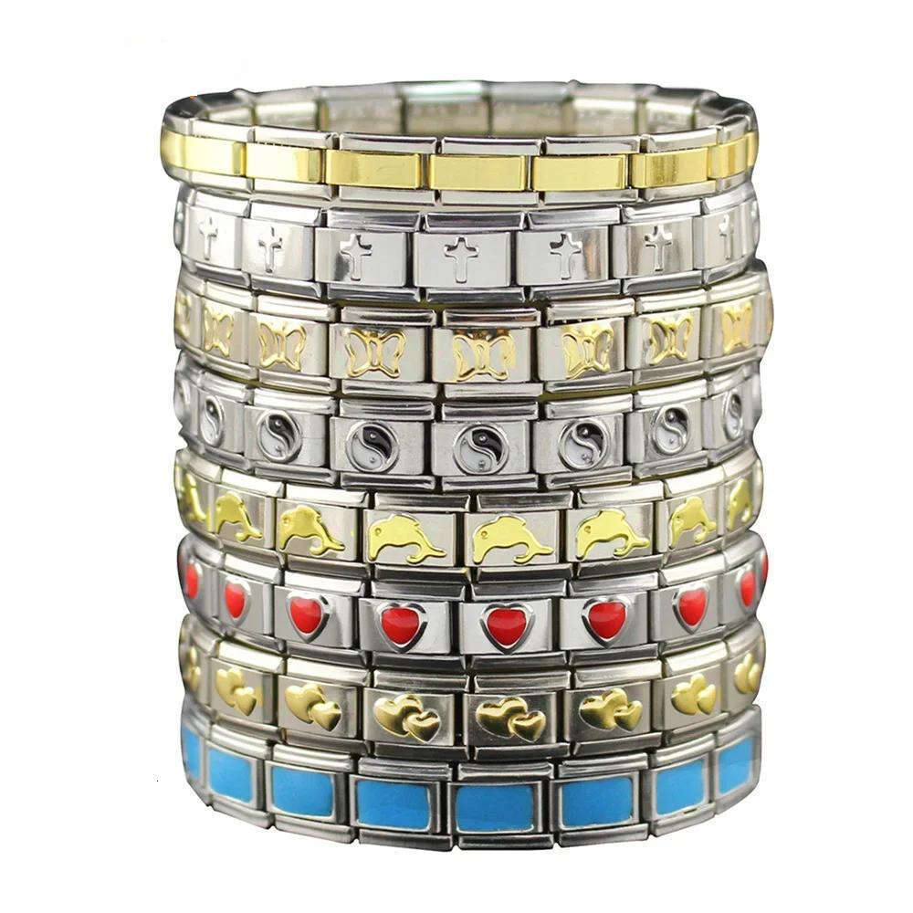 Whole Stamped Pattern Beads Bracelet Square Elastic Titanium Steel Strap Chain Italian Charm Links Stainless Steel Fit 9mm Bracelet Jewelry DIY Making