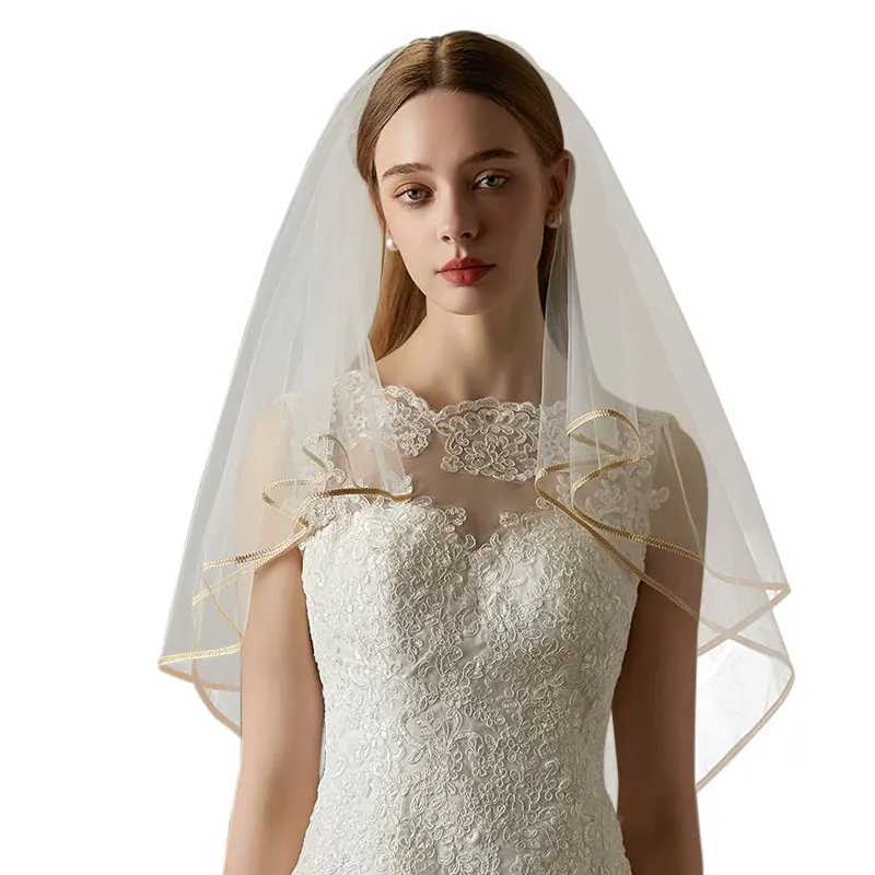 V773 Handmade Wedding Bridal Veil White Two-Layer Plain Tulle Gold Satin Edge Brides to Be Veil with Alloy Hair CombX240913