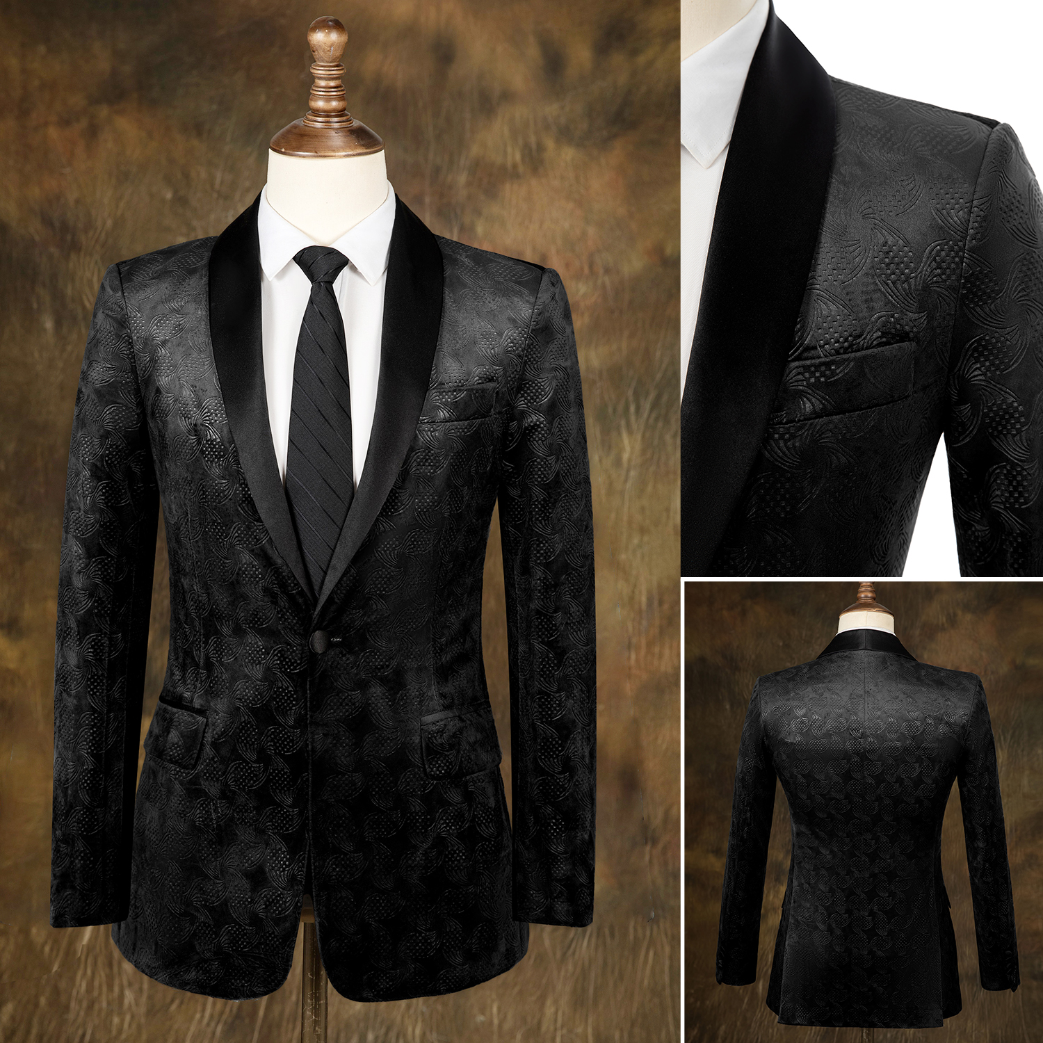 Tailored Men Wedding Tuxedos Unique Floral Pattern Groom Black Pants Suit Prom Evening Birthday Party Costume 2 Pieces