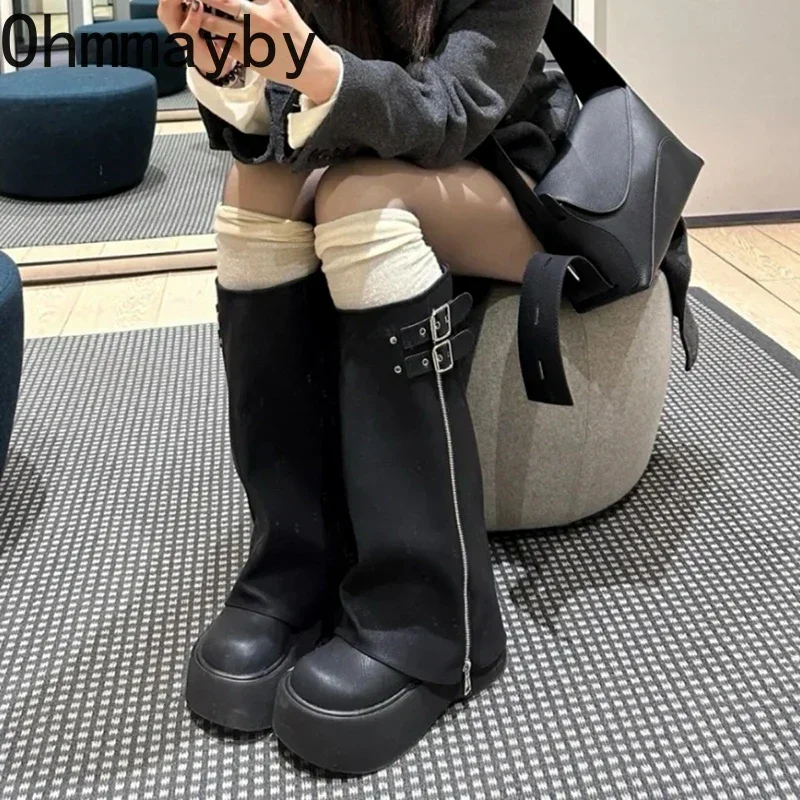 Women Chunky Knee-High Boots Fashion Belt Buckle Platform Heel Trouser Knight Booties Retro Style Female Shoes 8b6b