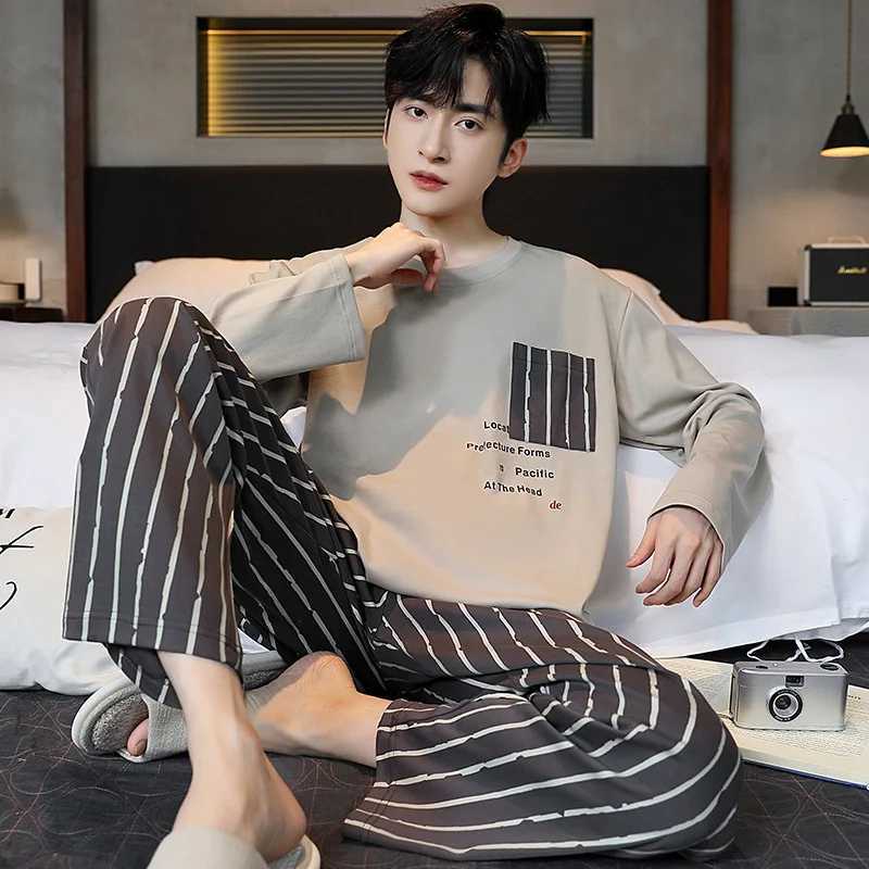 2 Sets of Mens Pajamas Homewear Boys Spring and Autumn Long-Sleeved Trousers Cotton Leisure Autumn and Winter Homewear Sets Y240913